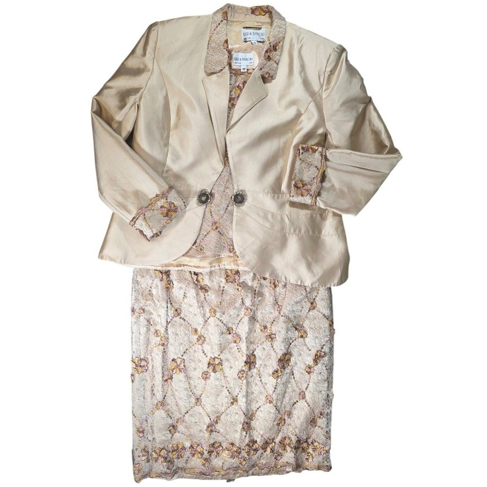 Lily & Taylor Champagne Gold Silk Lace 3 Piece Skirt Suit Set Womens 18 Formal